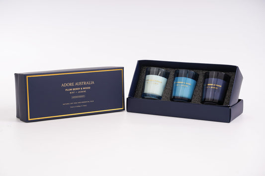 Adore Australia Plum Berry & Wood Scented Essential Oil Candles Gift Set, Mint + Jasmine, 3-Pack in Blue Glass