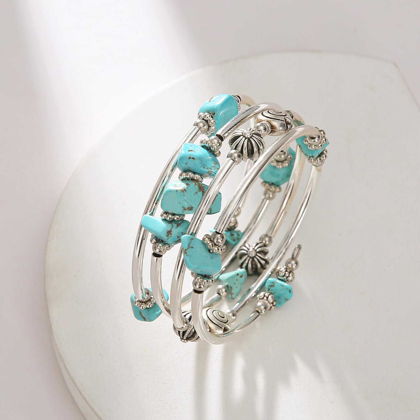 FULU AUTUMN Stone Silver Bangle Wrap Bracelet Boho Turquoise Crystal Chips Bead Bracelets Fashion Jewelry Birthday Gifts for Women(19-Turquoise)