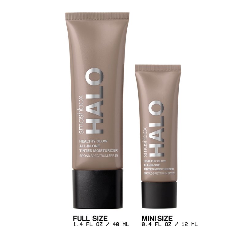Smashbox Halo Healthy Glow Tinted Moisturizer with SPF 25 | 24-Hour Hydrating Buildable Coverage with a Natural Dewy Finish, Hyaluronic Acid & Niacinamide, Medium Tan, Travel Size, 0.41 Fl Oz