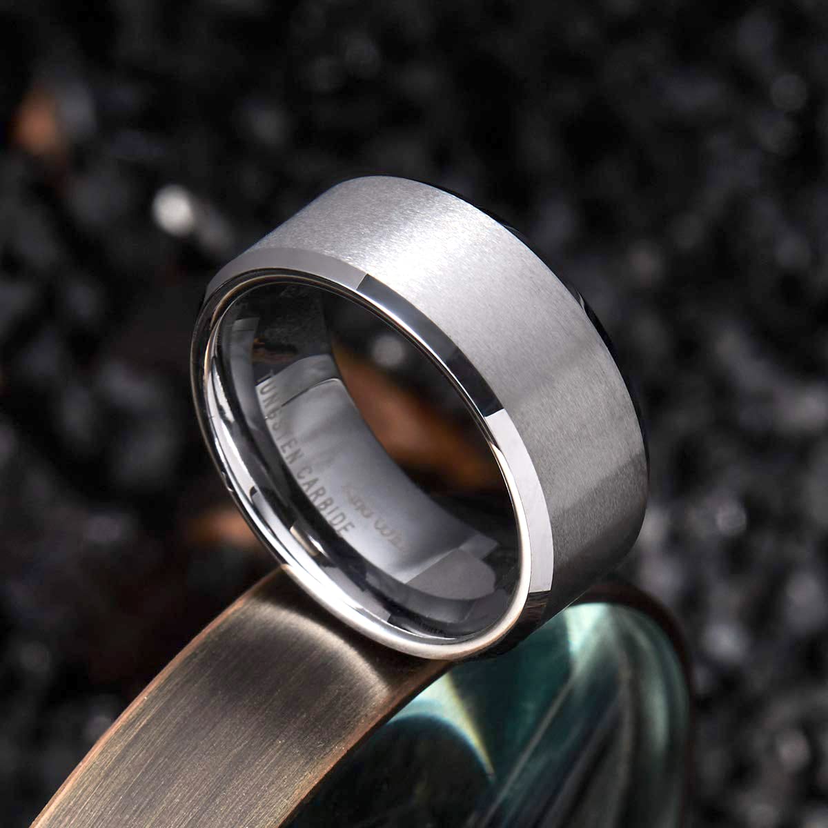 King Will 8mm Men's Silver Wedding Ring - Brushed Matte Surface, Beveled Polished Edge, Comfort Fit Size 15