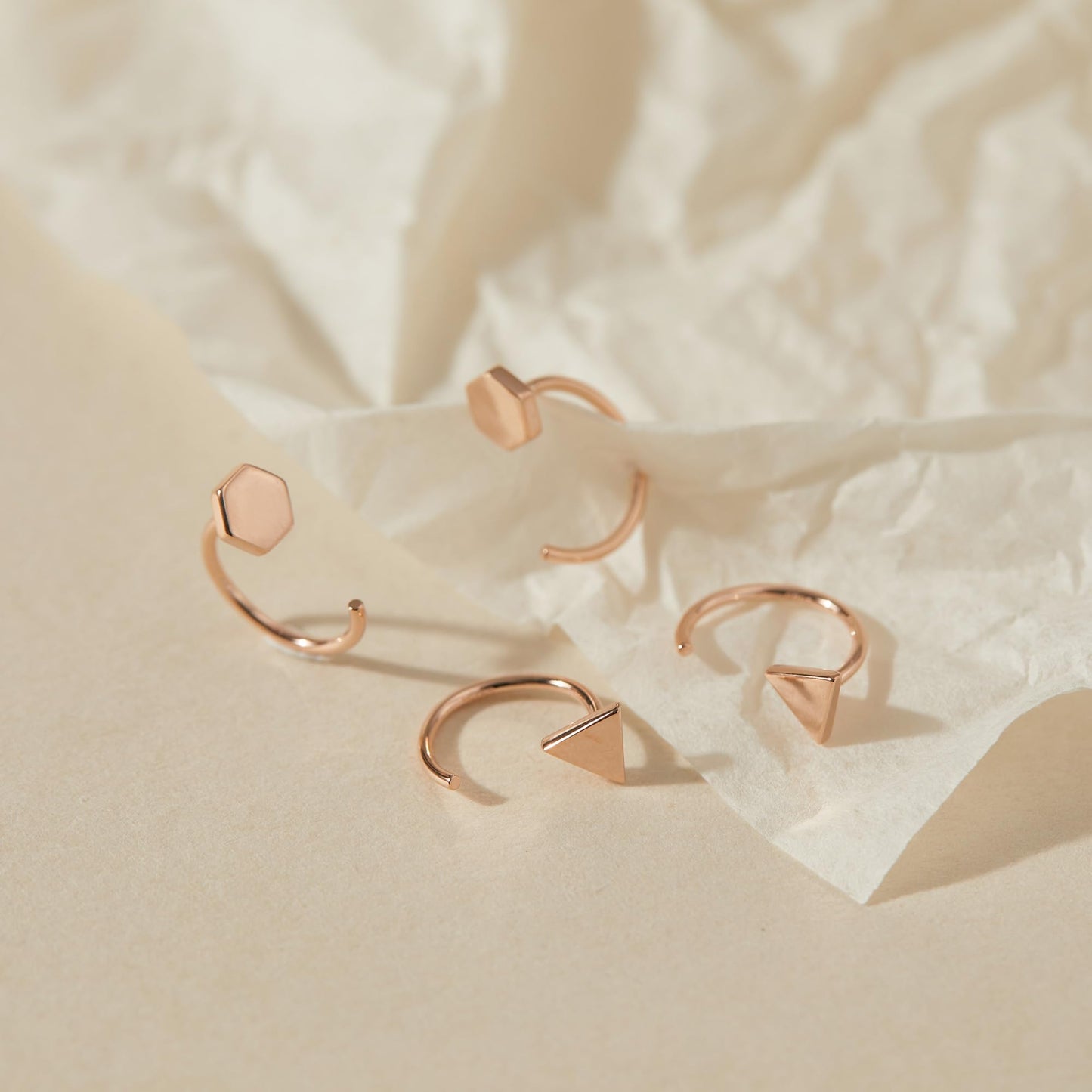 Huggie Hoop Earrings 18K Rose Gold Plated 925 Sterling Silver Triangle Dot Half Hoop Earrings for Women Open Hoop Earrings Little Huggie Hoop Earrings Huggy Hoop Earrings 2 Pairs