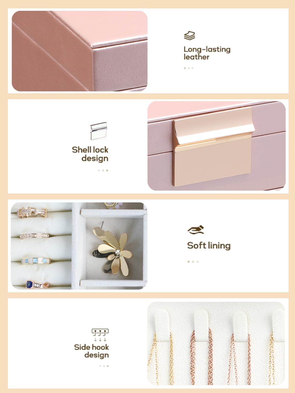 BOOVO Jewelry Boxes for Women, 5 Layer Jewelry Organizer with Necklace Hanger and Drawers, Large Jewelry Box for Earrings, Necklace and Bracelet Storage Gifts for Women and Girls (Rose Gold, 5 Layer)