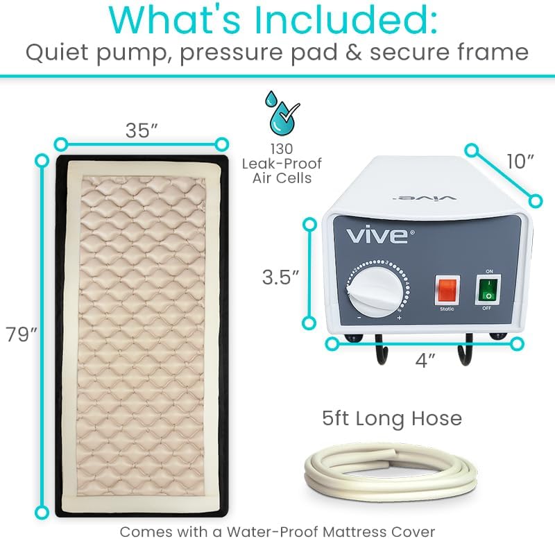 Vive Alternating Air Pressure Mattress for Hospital & Home Beds - Pressure Relief Pad for Bed Sores, Ulcers - Medical Grade Inflatable Device for Elderly, Bariatric, Handicap, Bedridden