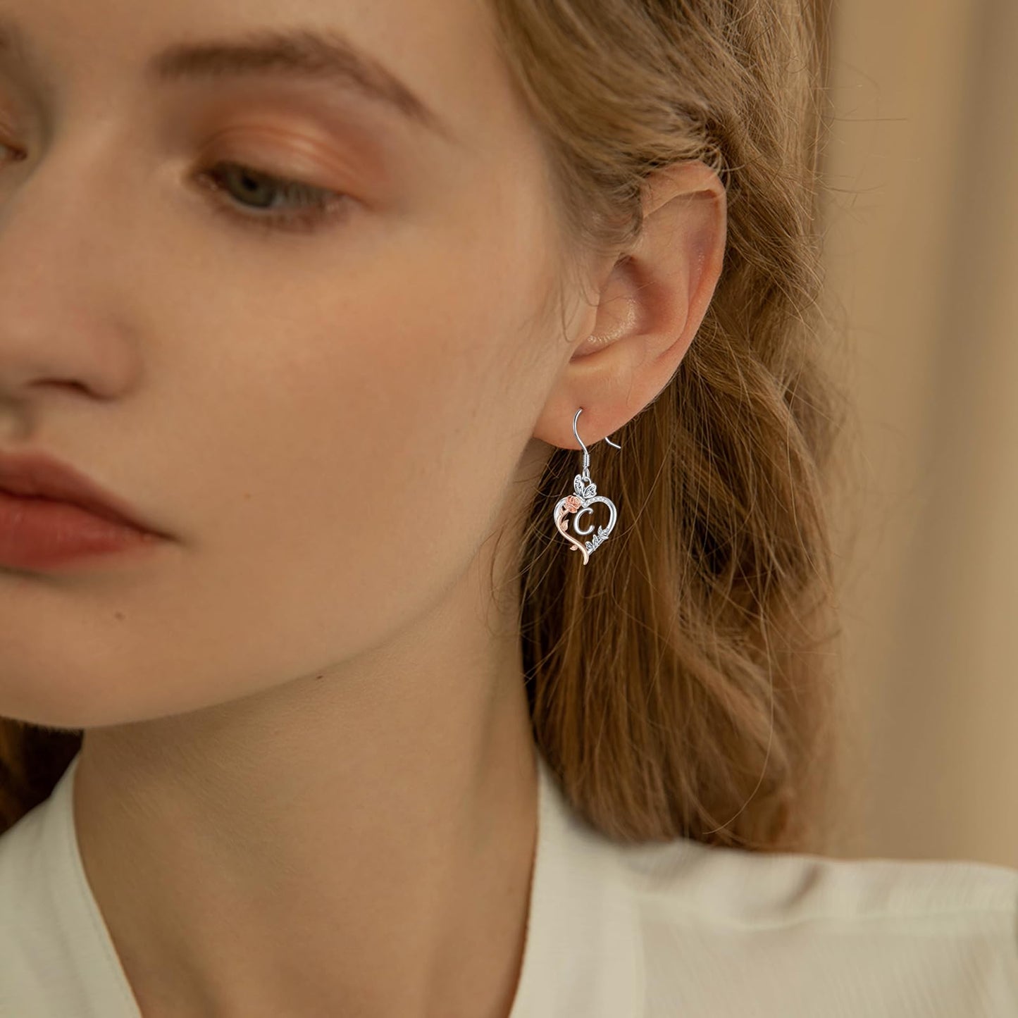 TOUPOP Rose Heart Initial Earrings Sterling Silver Butterfly Earring Initial C Letter Drop Dangle Earrings Jewelry Anniversary Birthday Mothers Day Gifts for Women Mom Wife Girlfriend Her