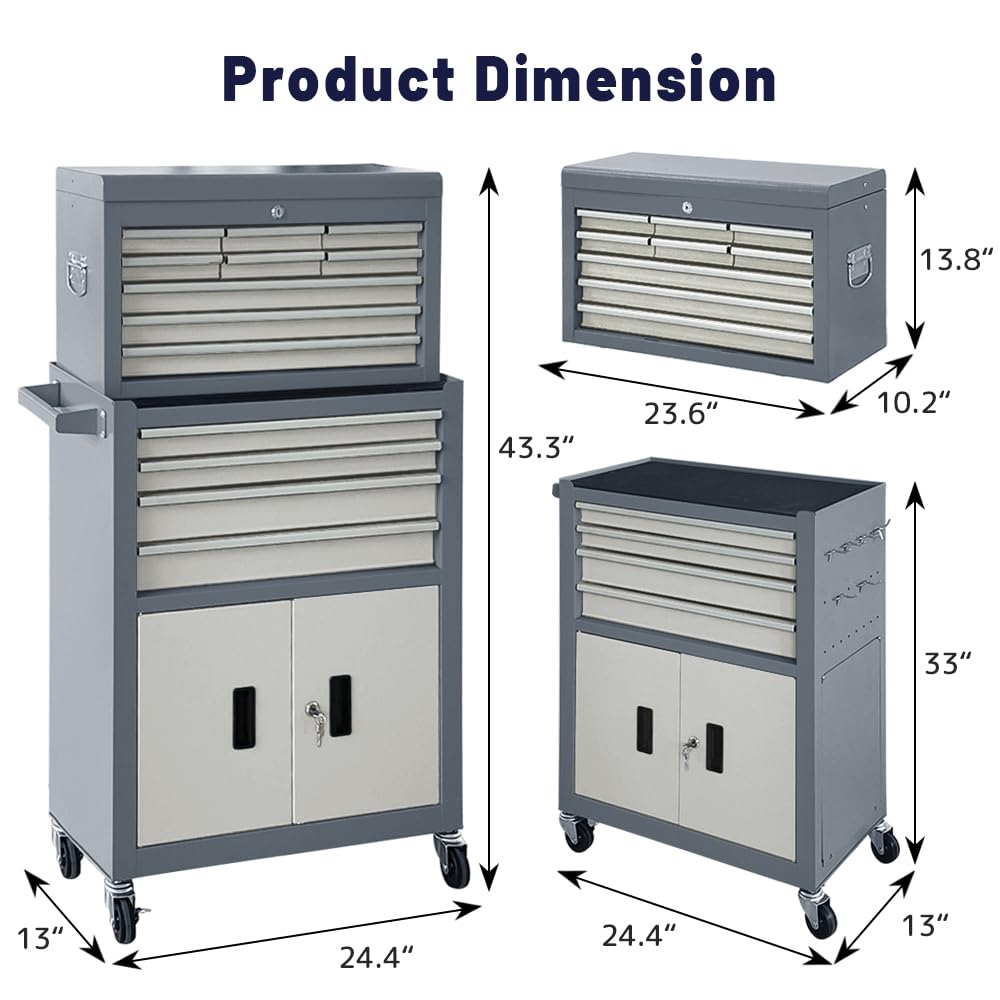 Sormols 13-Drawer Rolling Tool Chest with Double Doors, 2 in 1 Detachable Rolling Tool Chest with Drawers, Mobile Tool Cabinet Combo, Metal Large Lockable Tool Box for Garage Workshop (Gray)