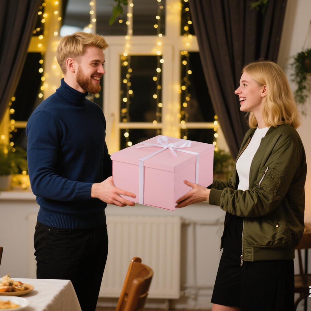 UoeRing 1Pcs Pink Extra Large gift box with lids 13×13×7 Inches gift boxes for presents,Birthday Box (include Ribbon, Paper Shred Filler Gift Card & Envelopes)