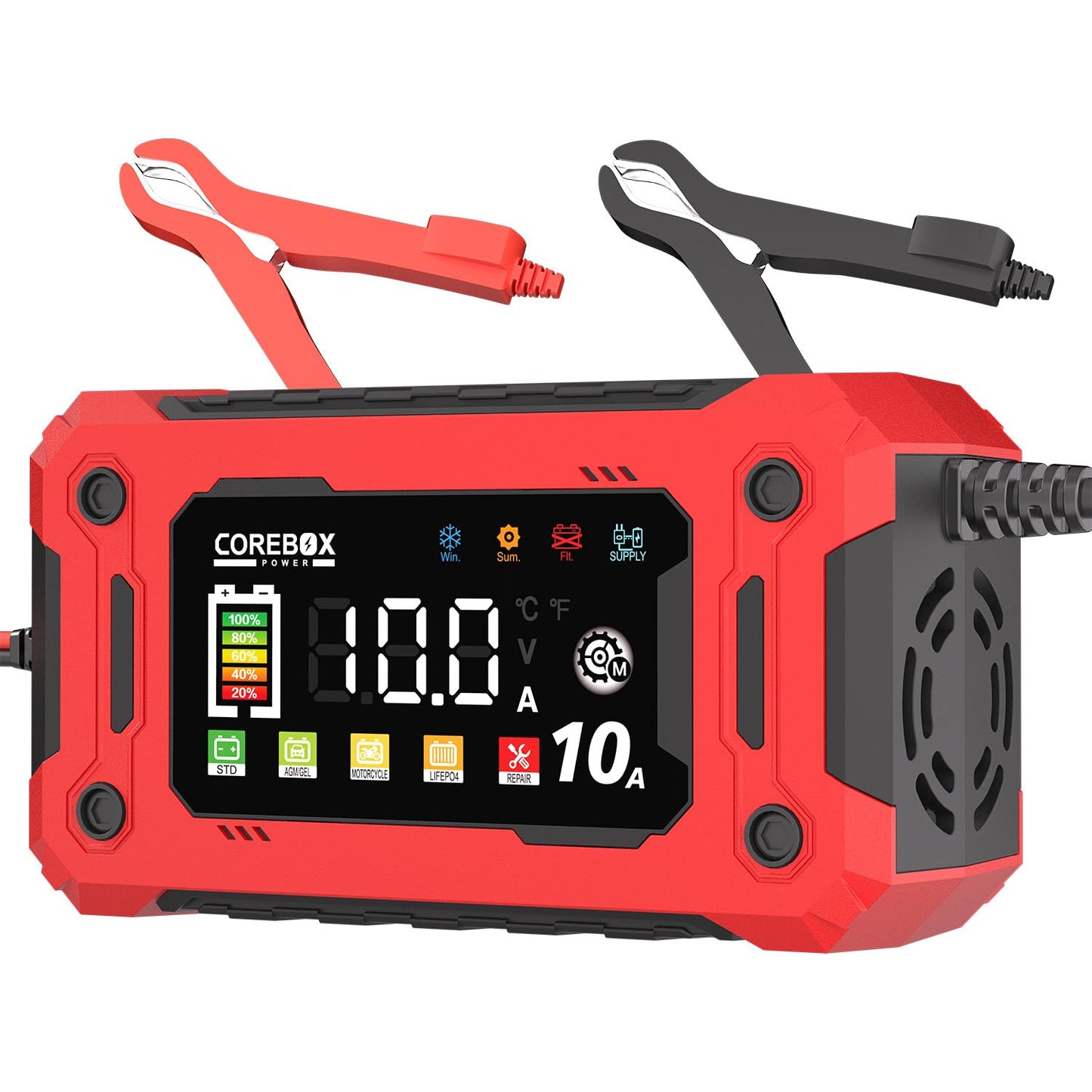 COREBOX 10-Amp Car Battery Charger,Support 1A 6A 0-10A,Trickle Charger for Car Battery 12v,Fast Battery Chargers Automobile 12volt,Smart Lifepo4,AGM,Lithium Battery Chargers for Auto Motorcycle Marine