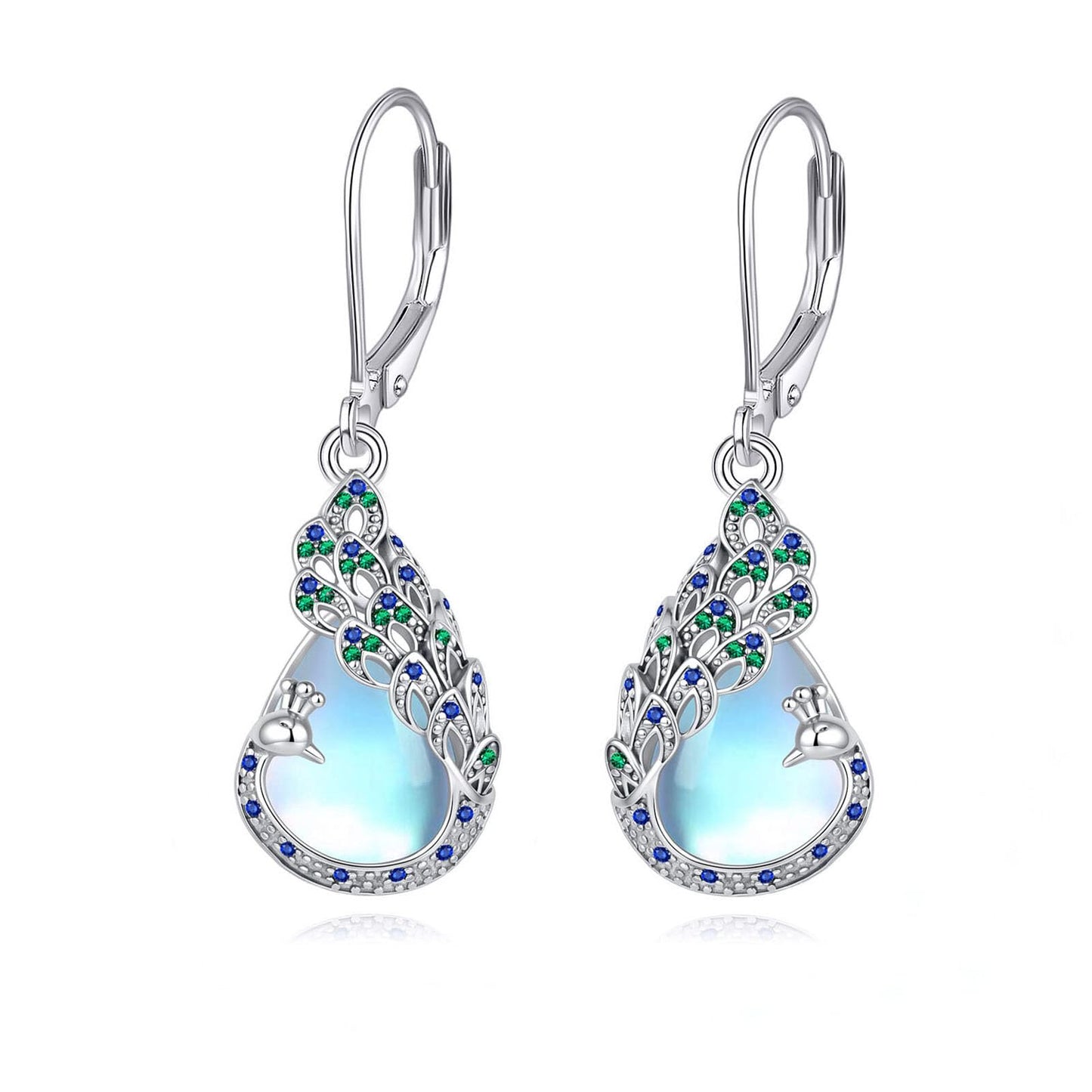 LUANIOL Peacock Earrings 18K White Gold Plated Moonstone Dangle Earrings Peacock Jewelry Gifts for Women