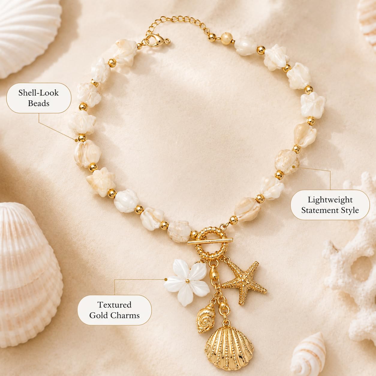 Shell Starfish Necklace for Women Gold Tone Layered Beach Jewelry Pearl Seashell Charm Adjustable Coastal Necklace for Summer Vacation Outfits Gifts