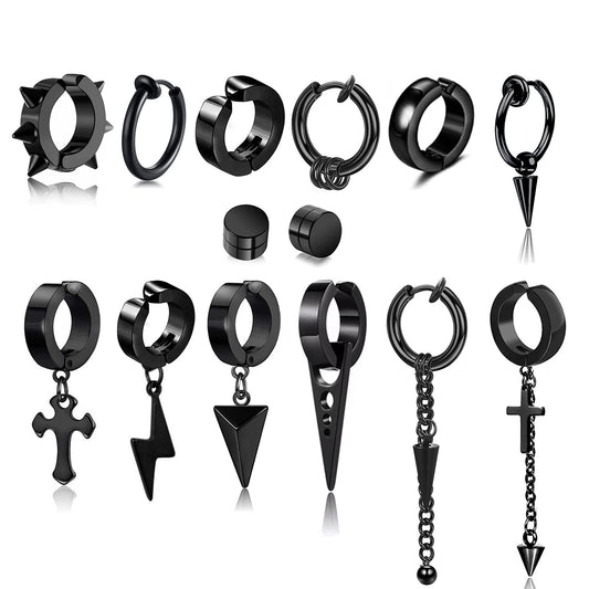 14 Pcs Black Punk Stainless Steel Fake Piercing Spike Rivet Cross Triangle Dangle Tassel Clip on Hoop Earrings Set for Women Men, Non Pierced Fake Stud Earrings (Black-Set A)