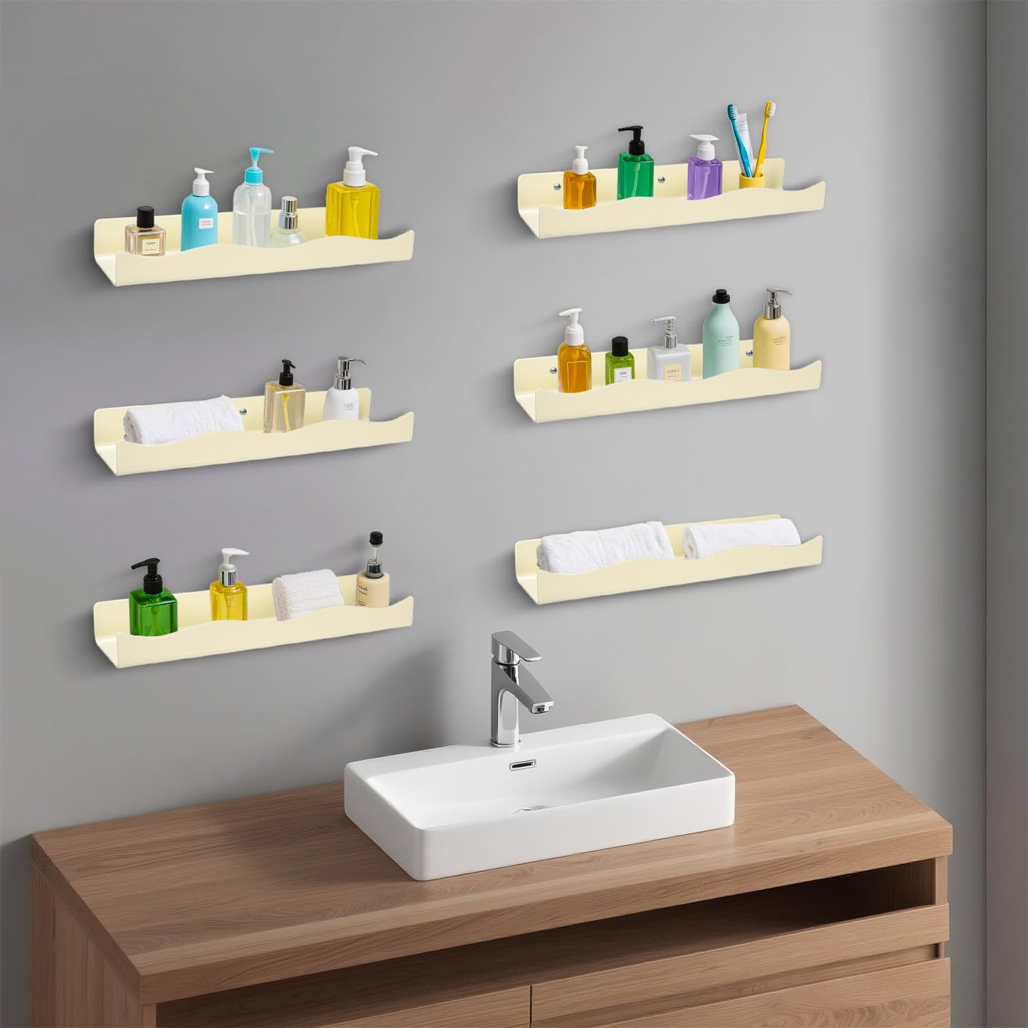 CRAFTIFANO Acrylic Wall Shelf Organizers 15 Inch Floating Shelf for Wall Decor Bookshelf for Kids Modern Beige Wall Mount Shelf for Living Room, Bedroom, Bathroom(6, Yellowish Beige)
