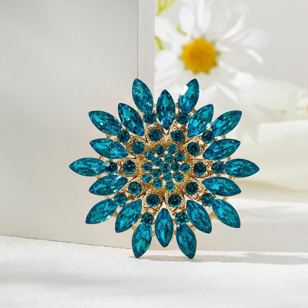 Rhinestone Large Flower Brooches Pins for Women Fashion Sparkly Crystal Sunflower Statement Brooch Unique Wedding Party Suit Dress Jewelry Accessories (Blue3)