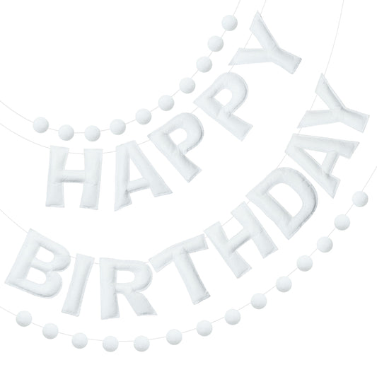 2 PCS Pre-Strung 3D Felt Happy Birthday Banner - White Theme Birthday Decorations Sign, Pom Pom Garland, Reusable Party Decor, Photo Prop（White）