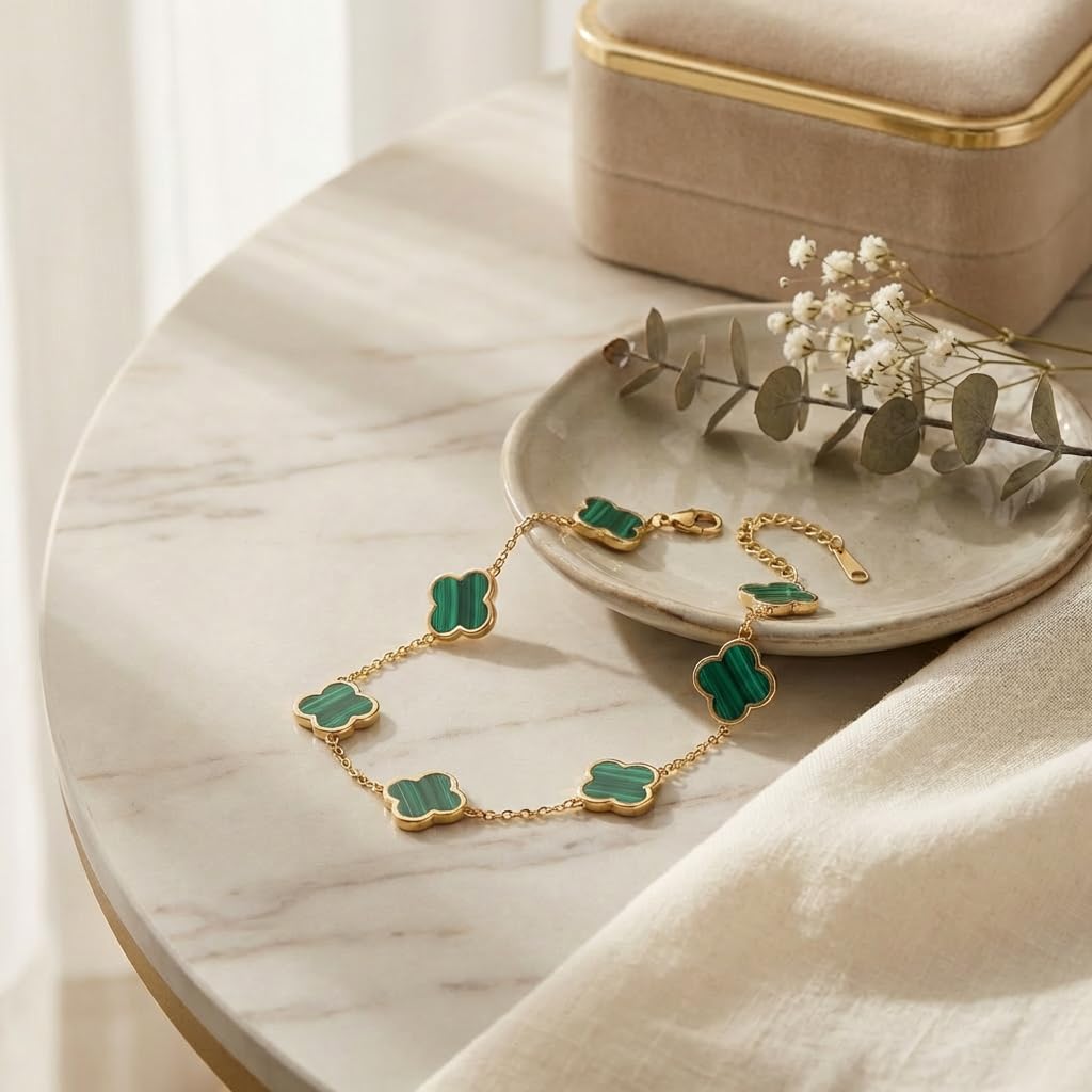 SHINYY Four Leaf Clover Bracelet for Women | 18K Gold Plated Cubic Zirconia Link Bracelet | 4 Leaf Lucky Jewelry Gift for Her (Green Gold Simple)
