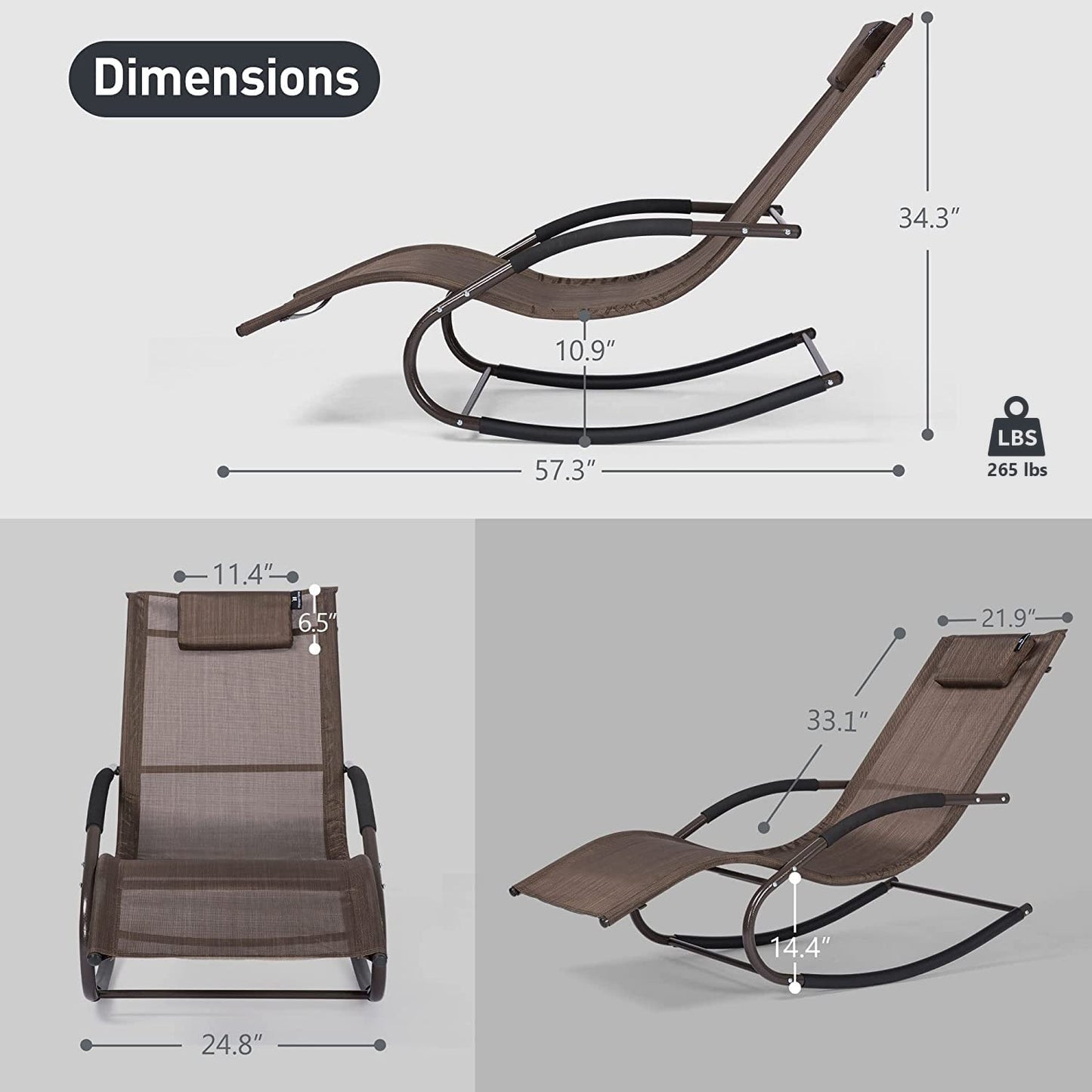 mansion home Lounge Chairs, Chaise Lounges with Detachable Pillow for Patio, Lawn, Pool, Outdoor Lounge Chairs Set of 2, Brown