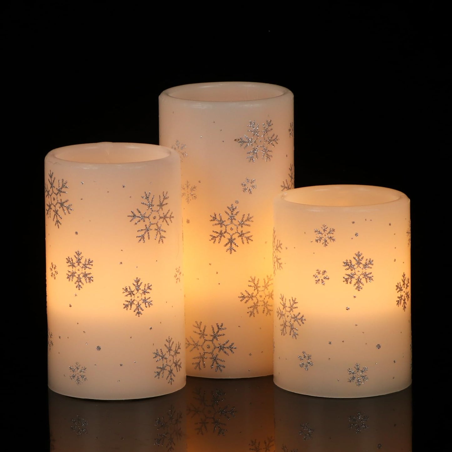 DRomance Silver Snowflake Flameless Flickering Candles Battery Operated with 6H Timer, 3 Pack Real Wax Warm Light LED Pillar Candles Dinner Tabletop Holiday Centerpiece Decor 3" x 6"""
