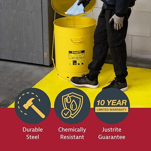 Justrite 10 Gallon Galvanized Steel Oily Waste Can, 18" x 14" Metal Oil Rag Safety Can with Foot Operated Self-Closing Lid for Oil Rag Disposal, Made in The USA, Yellow, 09301