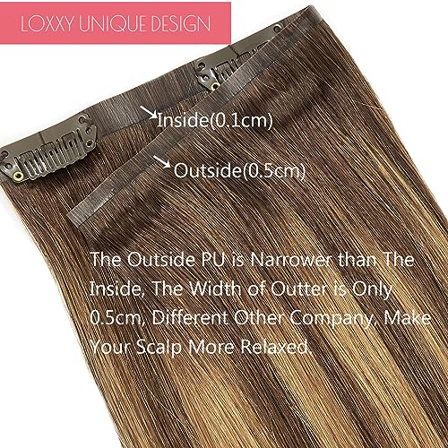 Loxxy Seamless Extensions Clip in Human Hair 20inch 110G 7Pcs Chocolate Brown to Caramel Blonde With Brown Roots Thick Blonde Natural Remy Real Hair Extensions Clip in Human Hair Invisible Tape Weft