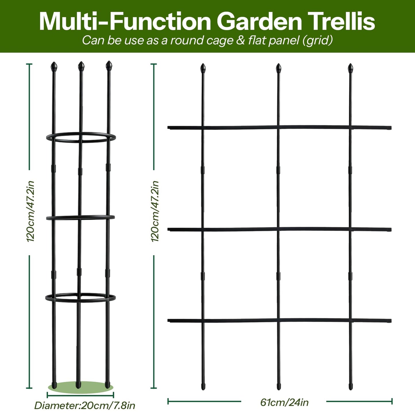 2 Pack Garden Trellis, 47" Trellis for Potted Plants, Tomato Cages, Plant Cages & Supports for Vines Crop, Plant Trellis for Climbing Plants Indoor Outdoor,Flower, Vines, Vegetable, Pots
