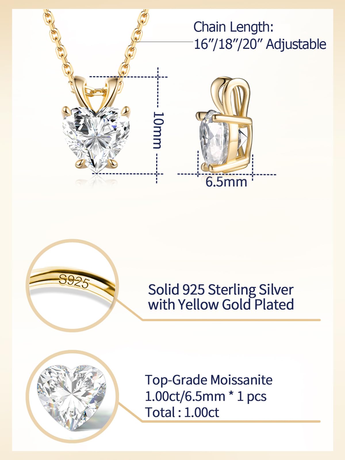 CYW Yellow Gold Plated Small Moissanite Heart Pendant Necklace for Women 925 Silver Cute Solitaire Necklace