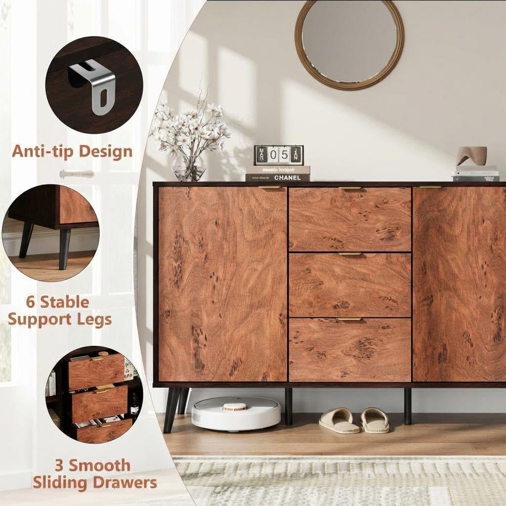 GarveeHome Buffet Cabinet with Drawers and Storage, 51.2 in Large Sideboard Buffet Credenza Storage Cabinet with Shelves and Doors, Walnut Buffet Cabinet for Dining Room, Entryway, Living Room