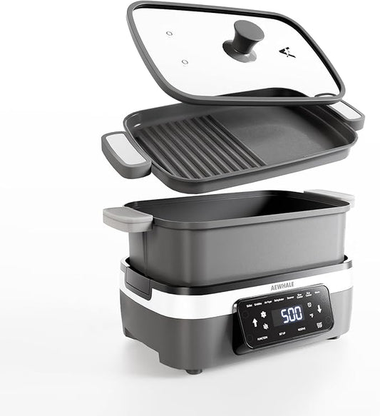 AEWHALE Multifunctional Electric Skillet with Grill|8 Cooking Functions|Removable Non-Stick Plate+Pot+Lid,1500 W Digital Family Size Griddle