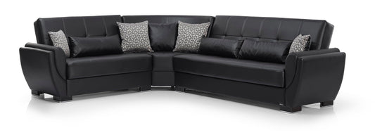 Ottomanson Convertible Sectional Sofa Bed with Hidden Storage & Click-Clack Sit-to-Sleep Sleeper Conversion – Rounded Arm, Firm Support L-Shaped Corner Couch Bed for Living Room & Guest Room, Black