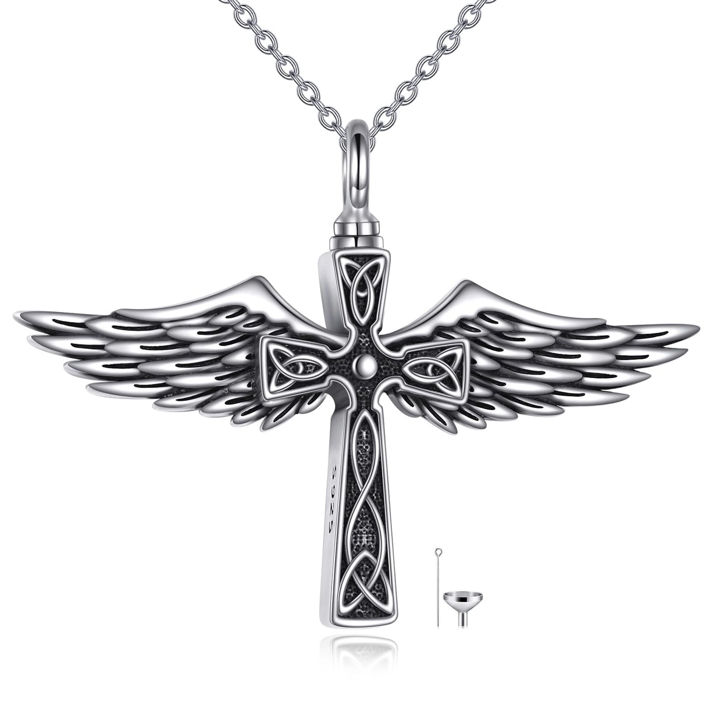 POPLYKE Cross Angel Wings Urn Necklace for Ashes for Women 925 Sterling Silver Memorial Necklace for Human Ashes of Loved Ones Angel Pendant Cremation Jewelry for Ashes