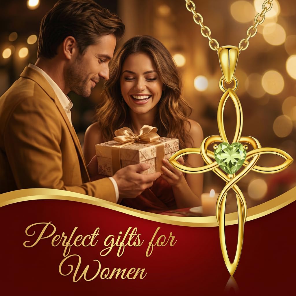 POIUY 14K Gold Celtic Knot Cross Birthstone Necklace for Women Irish Infinity Heart Pendant Cross Jewelry Anniversary Valentines Birthday Mothers Day Gifts for Mom Wife Her