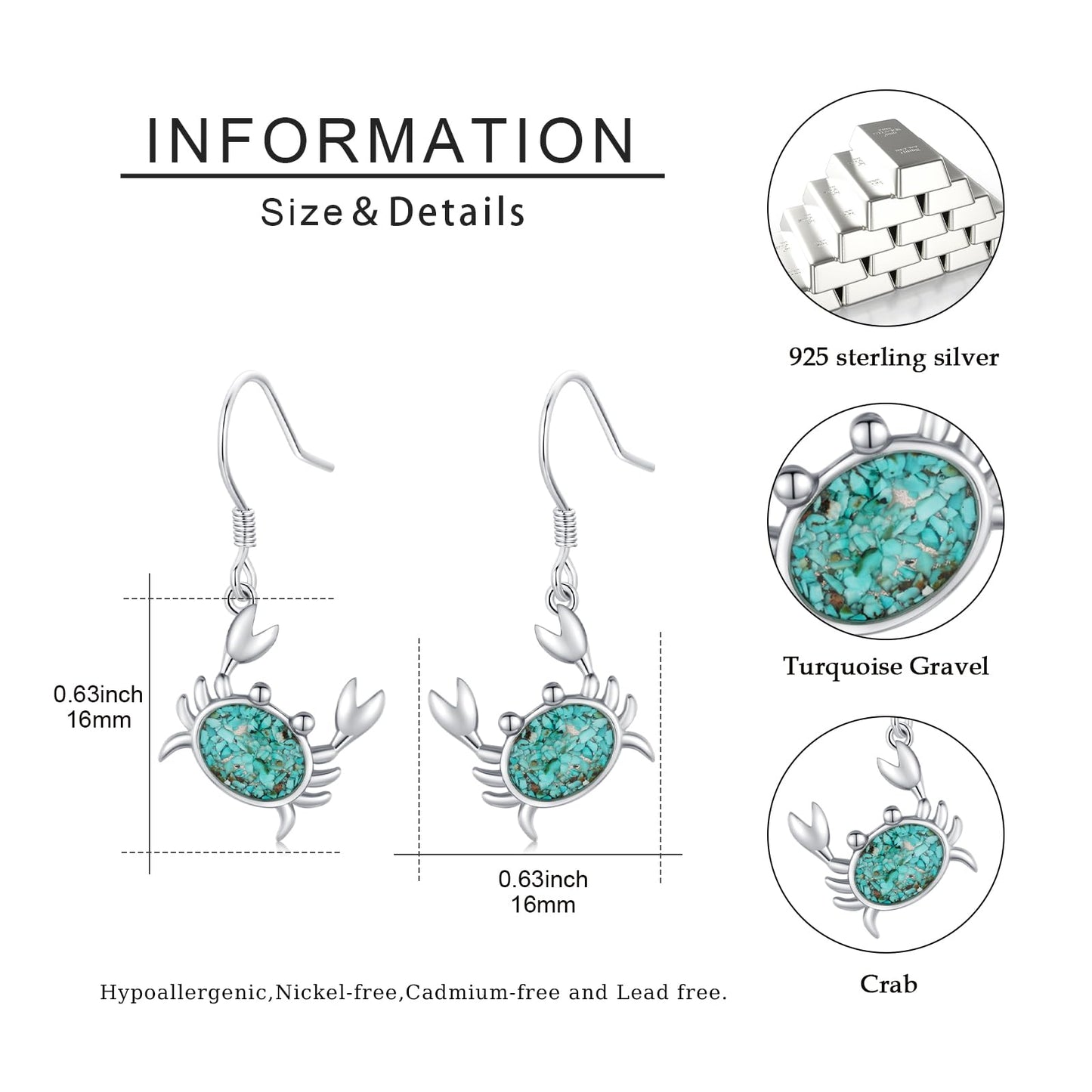 Crab Earrings for Women 925 Sterling Silver Ocean Dangle Drop Earrings Turquoise Sea Animal Earrings Beach Themed Jewelry Crab Gifts for Friends