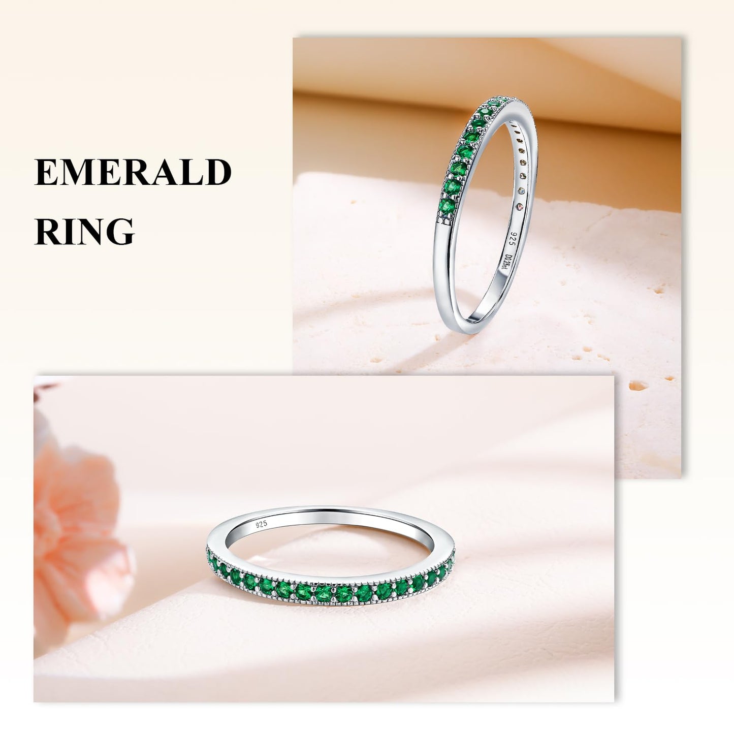 AGRULE 0.3 Cttw Emerald Birthstone Ring 14k White Gold Plated 1.7mm Wedding Band Stackable Bezel Set 5a Cubic Zirconia Rings for Men Women, Size 6