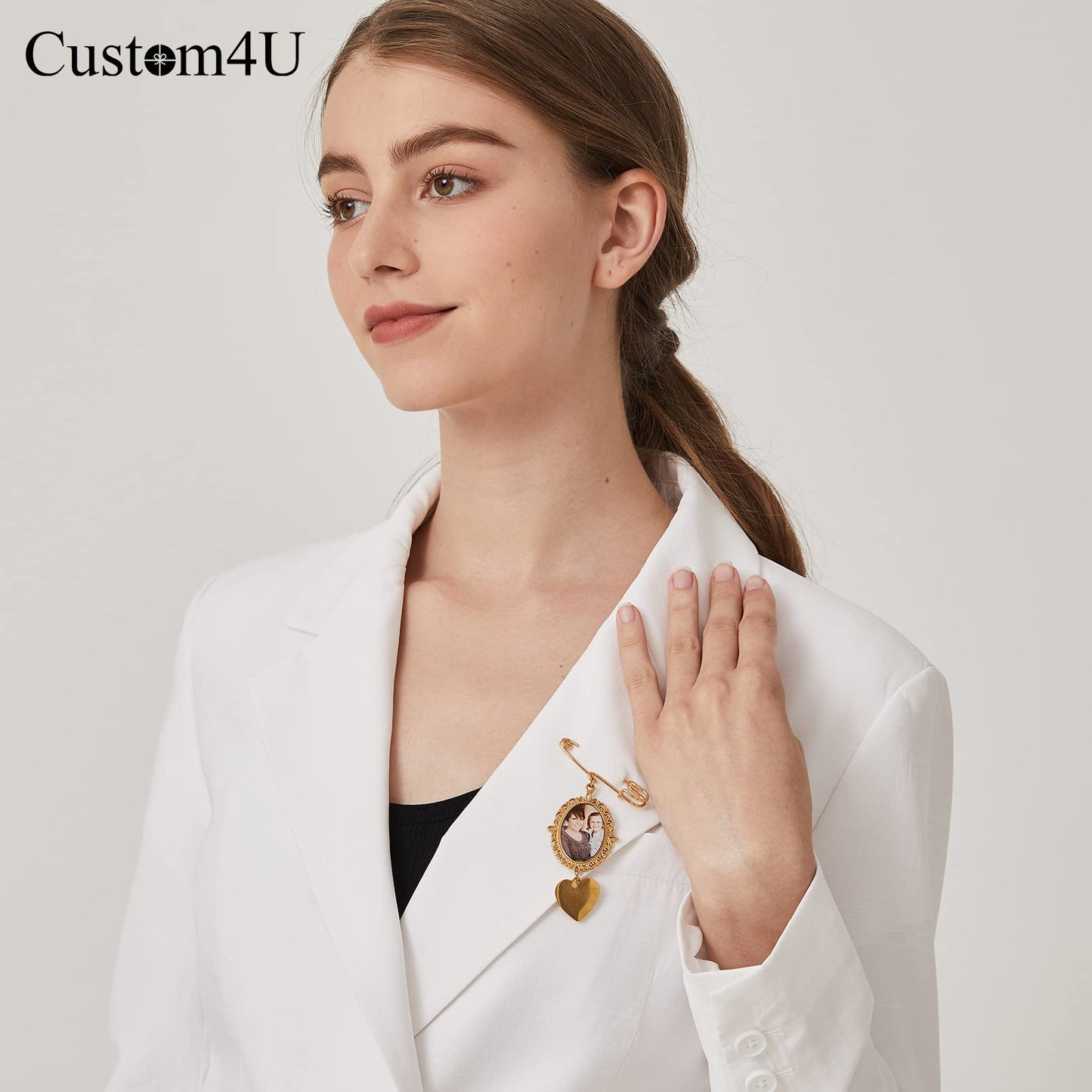 Custom4U Wedding Boutonniere Oval Bouquet Charm Pin Photo for Mother of The Bride Groom