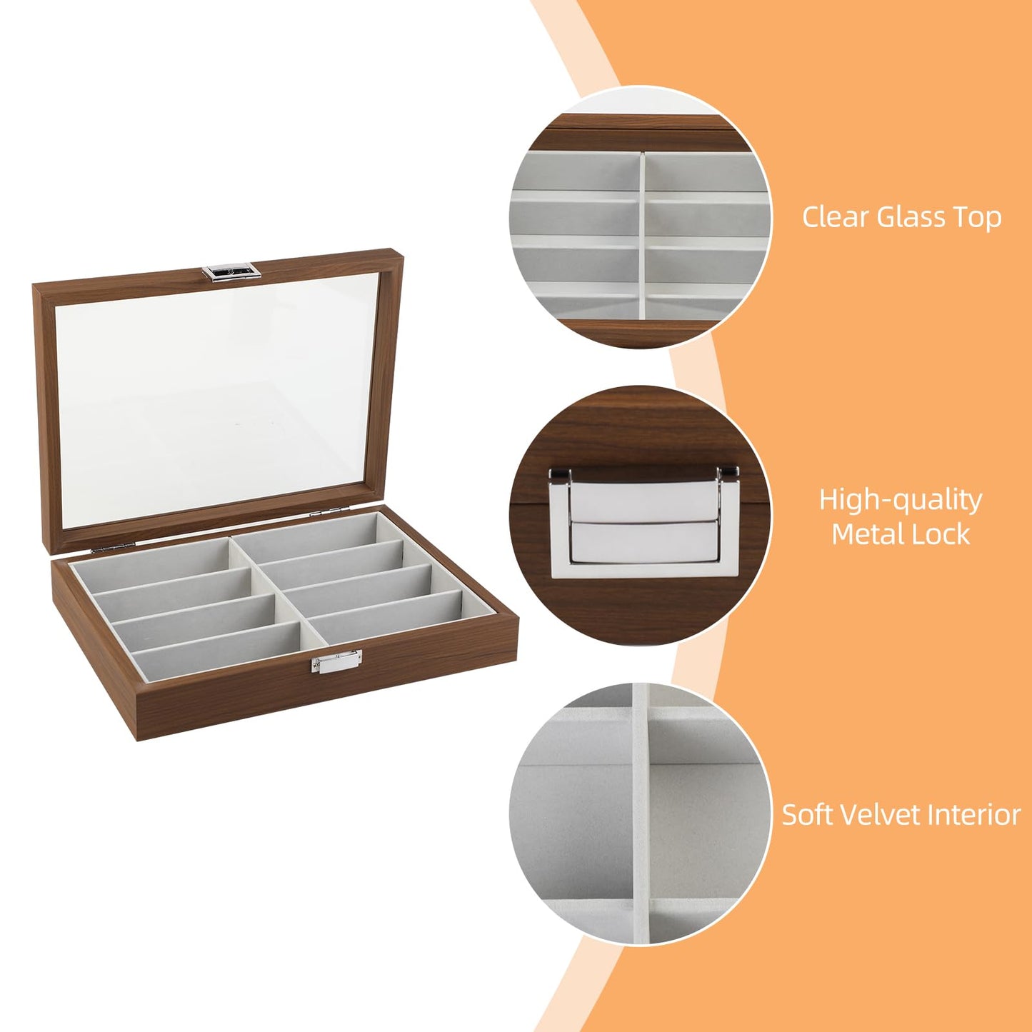 Baojulong Wooden Sunglasses Organizer Box, Eyewear Display Eyeglass Case for Men Women, Glasses Storage Box Sunglass Holder Gifts (8 Slots)