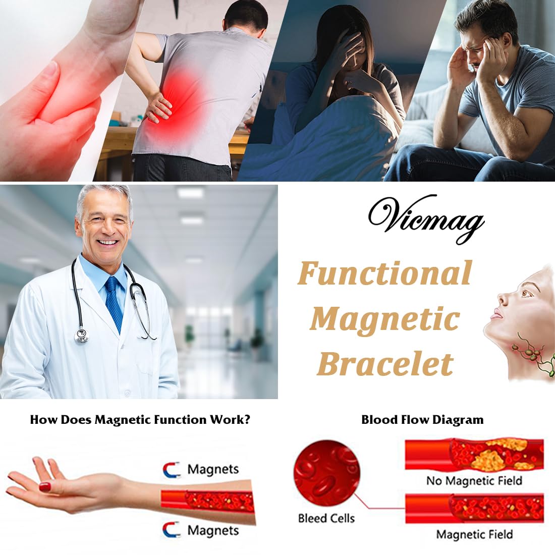 Vicmag Magnetic Titanium Bracelet for Women Steel Jewelry Gift with Adjustment Tool & Box(Silver Fishtail & Heart)