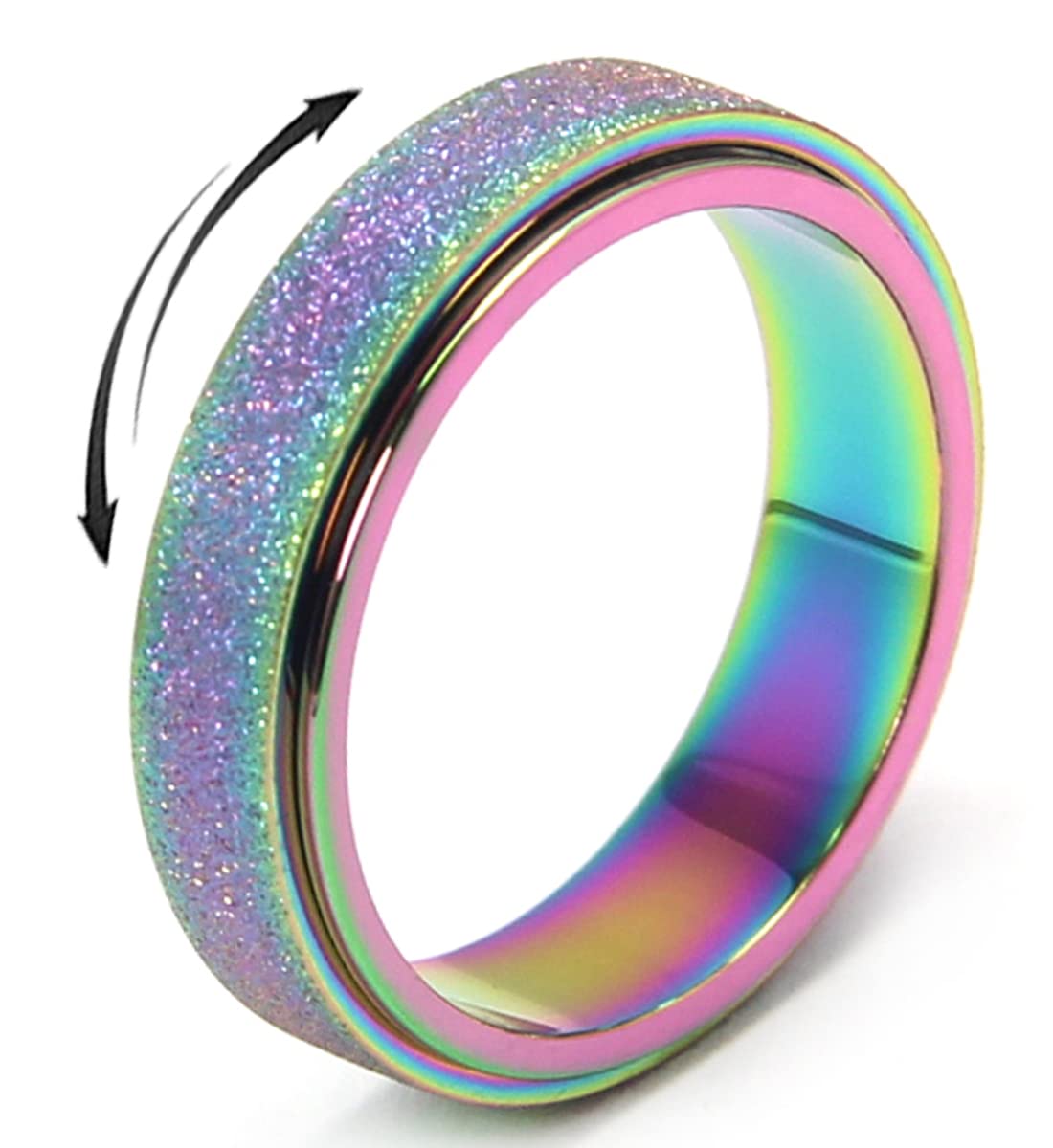 OreilleStar Anxiety Ring for Women Fidget Spinner Ring Fidget Toys Adults Titanium Stainless Steel Thumb Ring 6mm Wide Rainbow Size 9