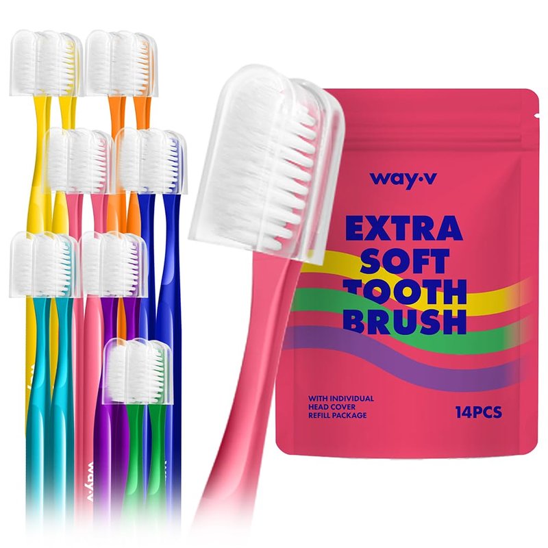 Way.V Extra Soft Toothbrush 7 Pack for Sensitive Gums and Teeth 3000 Ultra Gentle Bristles Brushes with Hygienic Head Covers Friendly Dentist Recommended BPA Free - Family Refill Pink 14 Pack