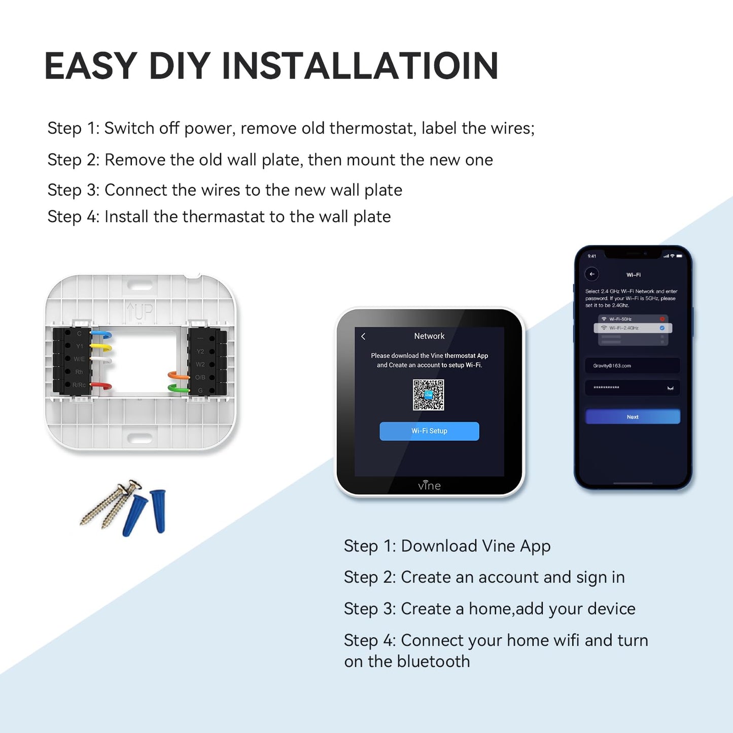 vine Programmable Thermostat for House with 4.0" Touch Screen, WiFi Smart Home Thermostat for AC and Heating, App/Voice Control, Valentine's Day Decorations, C-Wire Required, Grey