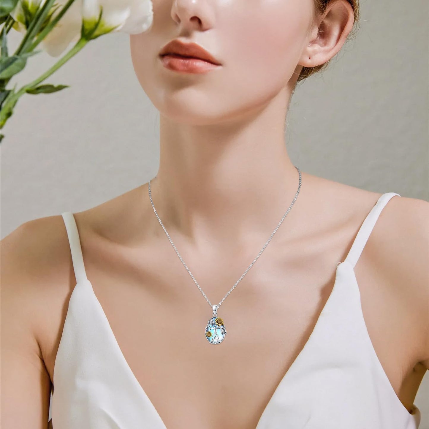 CHENGHONG Sunflower Moonstone Necklace for Women 925 Sterling Silver Family Tree of Life Teardrop Pendant Necklace Jewelry Gifts