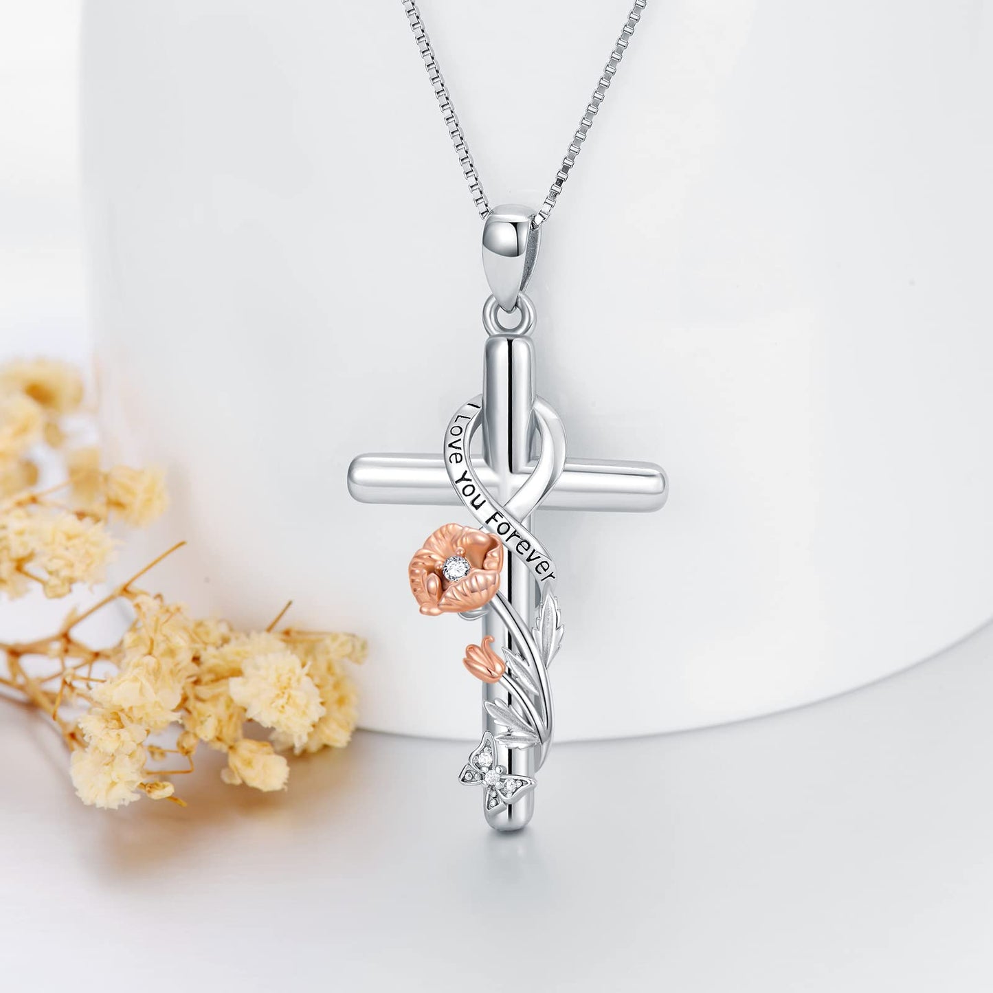 Flpruy Poppy Necklace 925 Sterling Silver Birth Flower Necklace Poppy Cross Jewelry 12 Month Birth Flower Floral Pendant Birthday Jewelry Gifts for Women Mom