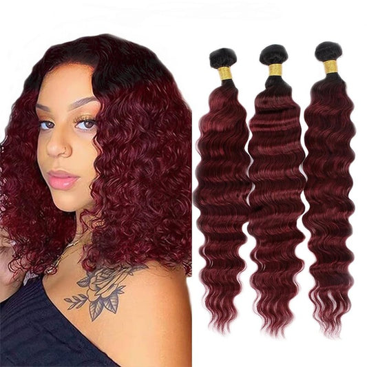 Ombre Burgundy Bundles Human Hair 1B99J Burgundy Deep Curly Bundle 12 14 16 Inch Ombre Loose Deep Wave Human Hair Bundles Unprocessed Brazilian Hair Extensions Double Weft
