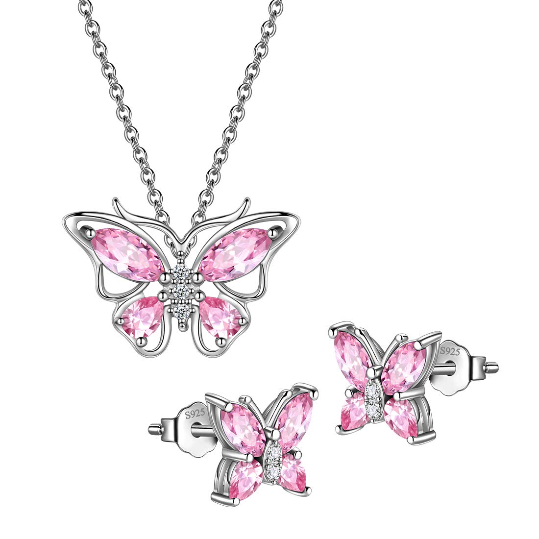 Hipunk Butterfly Pink Jewelry Sets Birthstone Women 925 Sterling Silver October-Tourmaline Birth Stone Animal Butterflies Jewelry Sets/Earring Set Crystal Birthday Jewelry SS0001O