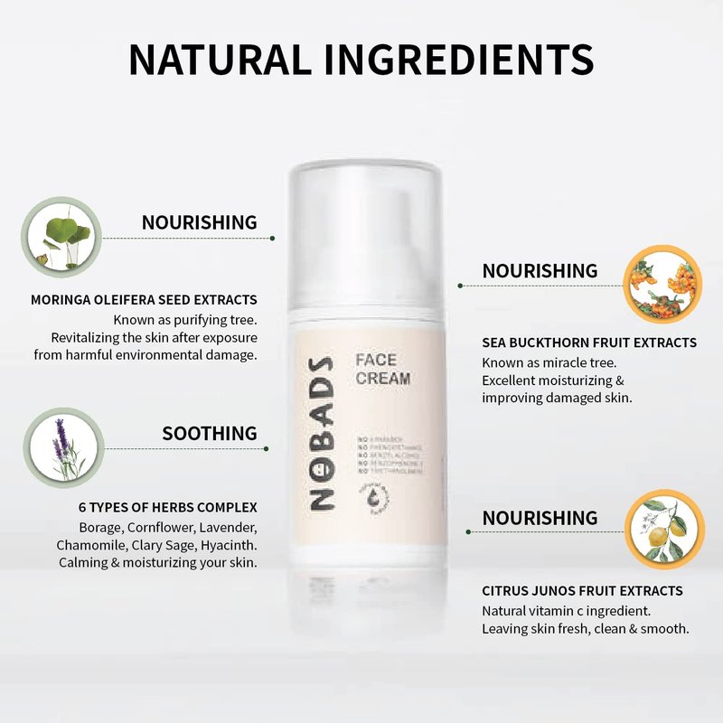 NOBADS NOURISHING FACE CREAM, Ulta moisturizing, Natural moisturizing, Low skin irritation, Paraben-free and formulated without harmful ingredients, Safe for everyone in the family