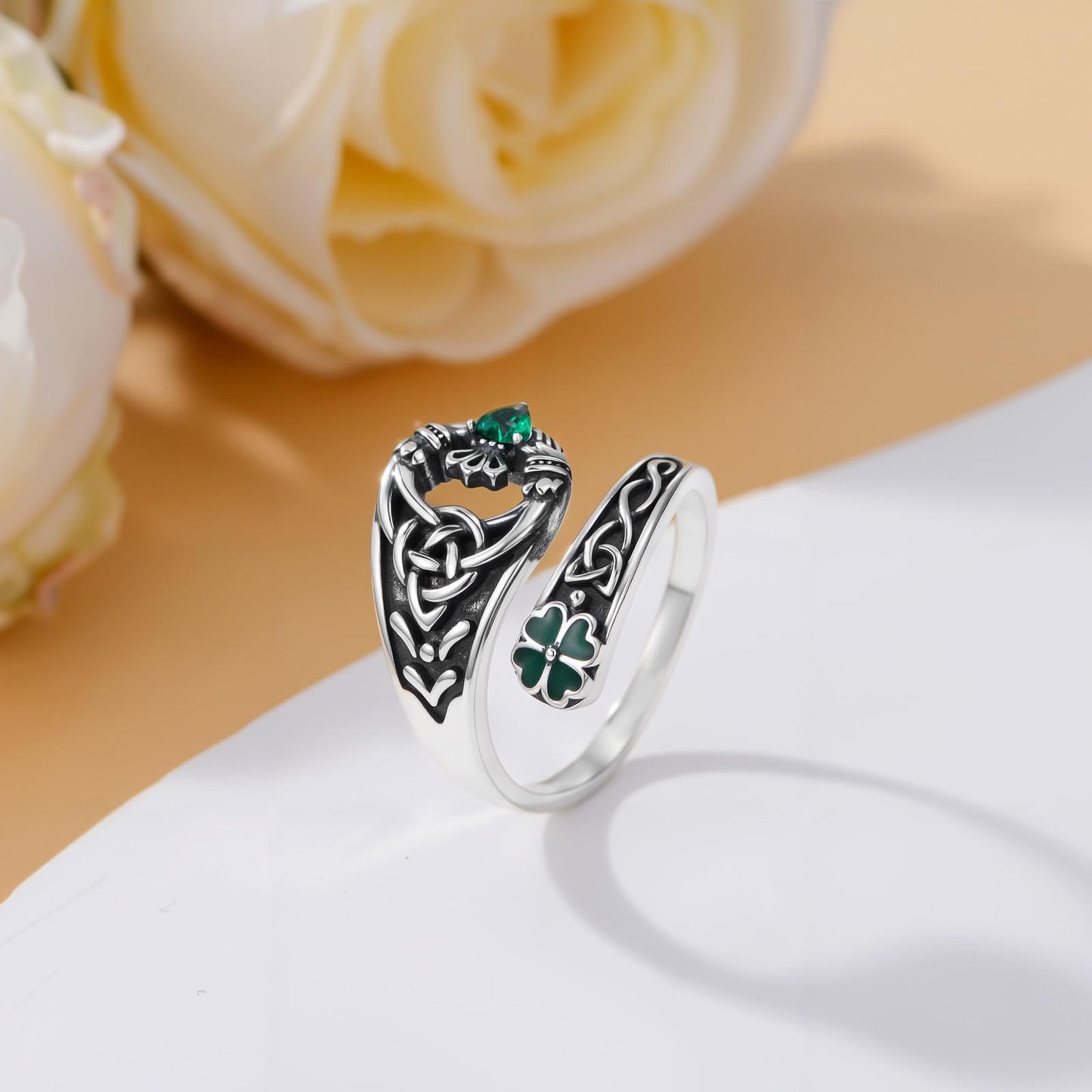 Midari Claddagh Rings for Women 925 Sterling Silver Adjustable Vintage Celtic Open Antique Spoon Rings Irish St Patricks Day Four Leaf Clover Jewelry Gifts for Women Men