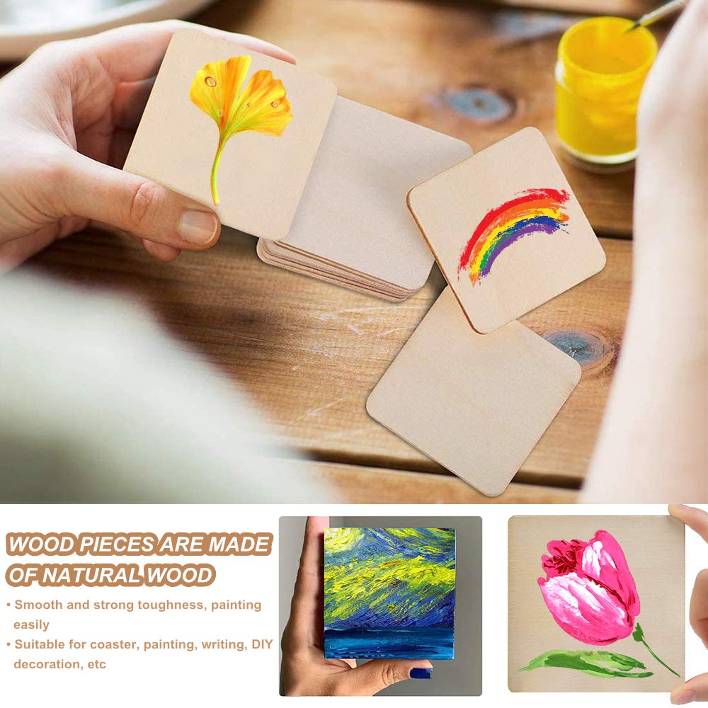 WLIANG 50 Pcs Unfinished Wood Pieces, Natural Blank 4 X 4 Inch Wood Squares, Wooden Square Cutouts Tiles for DIY Crafts Painting, Coasters Engraving, Home Decorations