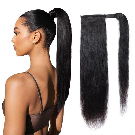 Straight Ponytail Human Hair Extensions Brazilian Wrap Around Ponytail for Black Women Unprocessed Remy Human Hair Pony Tail Clip In Extension Hairpiece 110g (Straight Hair, 18inch)