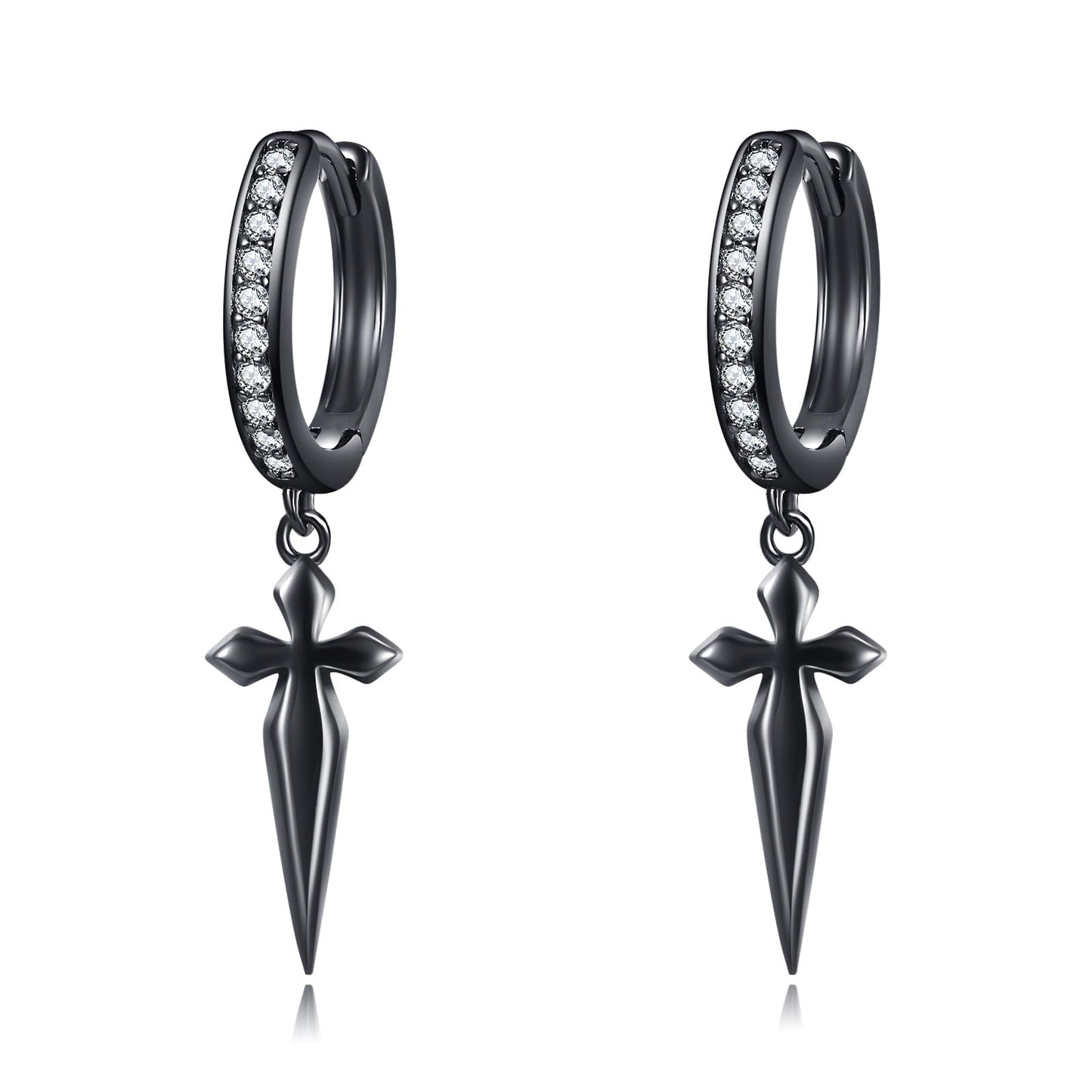 925 Sterling Silver Black Cross Hoop Earrings Dangle Drop Earrings Huggie Gothic Jewelry Birthday Gifts for Women Men (Black Cross Cubic Zirconia)