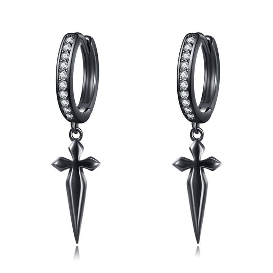 925 Sterling Silver Black Cross Hoop Earrings Dangle Drop Earrings Huggie Gothic Jewelry Birthday Gifts for Women Men (Black Cross Cubic Zirconia)