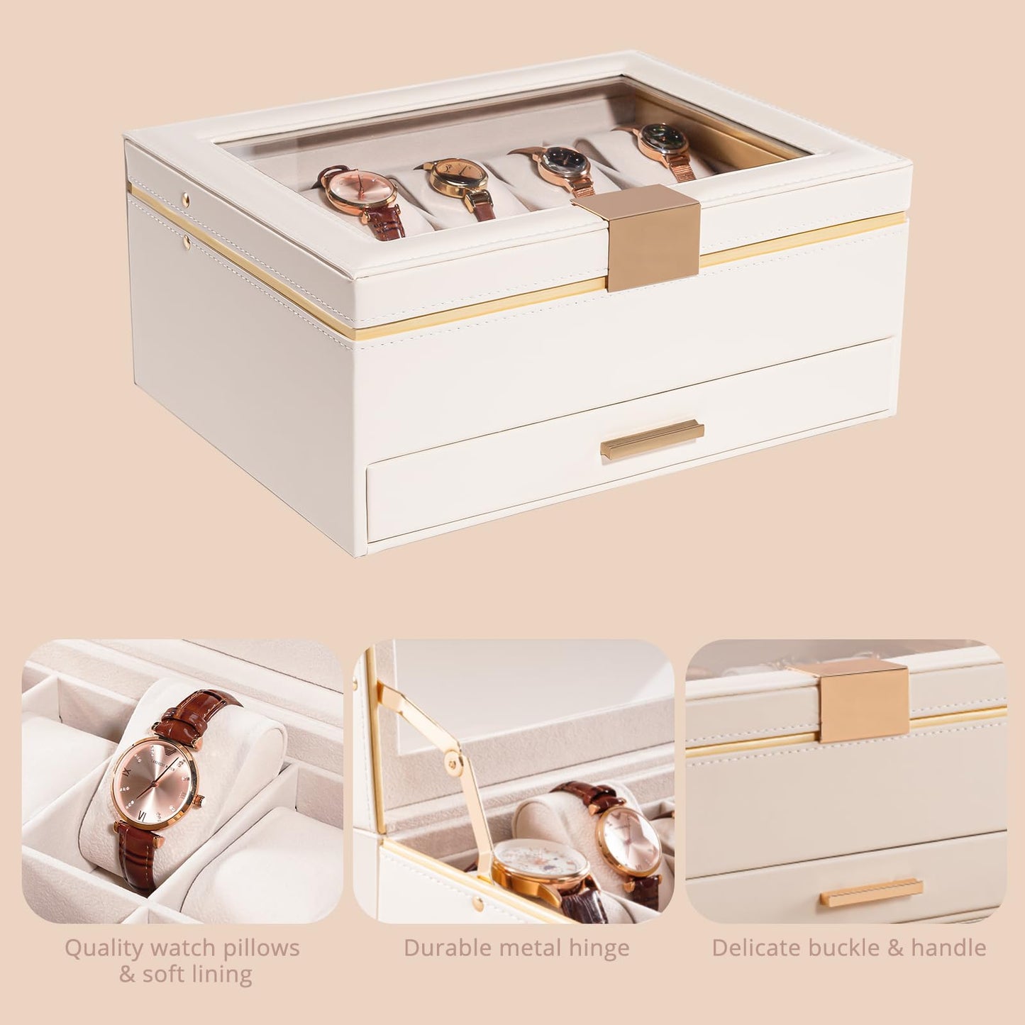 ProCase Watch Case for Women, Valentine Gifts, 10 Slot Watch Display Case with Drawer, 2-Layer Womens Watch Box, 10 Watch Box Organizer, Jewelry and Watch Holder Storage Case with Glass Lid -Beige