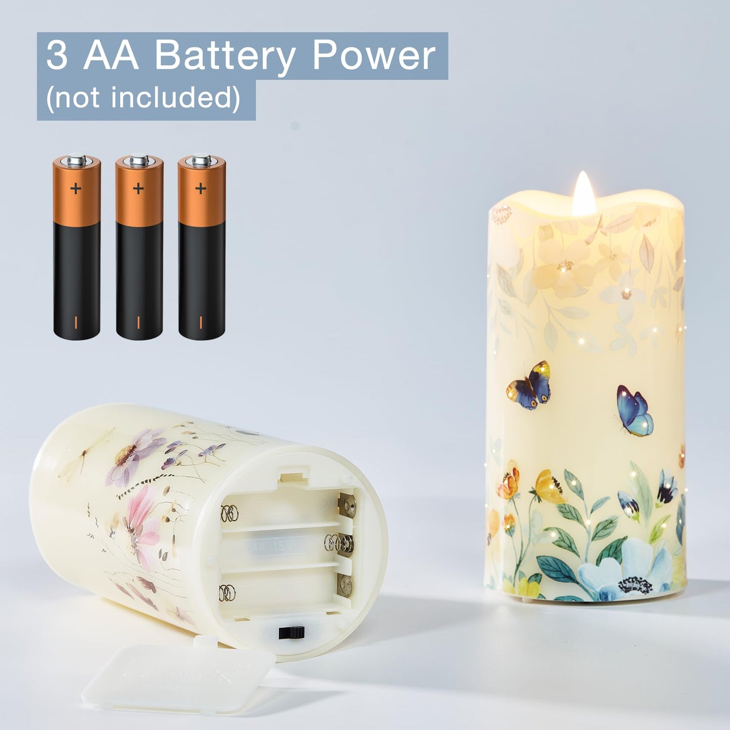 Eywamage Fiber Optic Flameless Pillar Candles with Remote Set of 3, Butterfly Floral Spring LED Candles Battery Operated Gift Φ 3" H 6"""