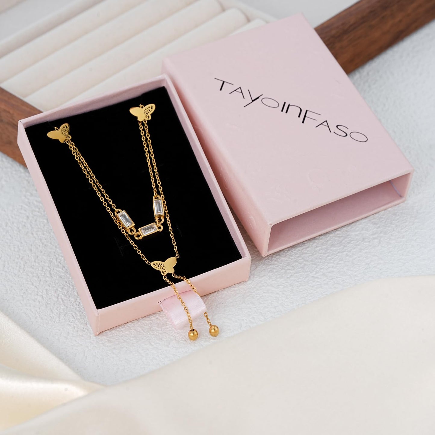 TaYolnFaSo 18K Gold Plated Double Layered Y Lariat Necklace Emerald Cut CZ Choker Butterflies Lariat Necklace Christmas Jewelry Gift for Women